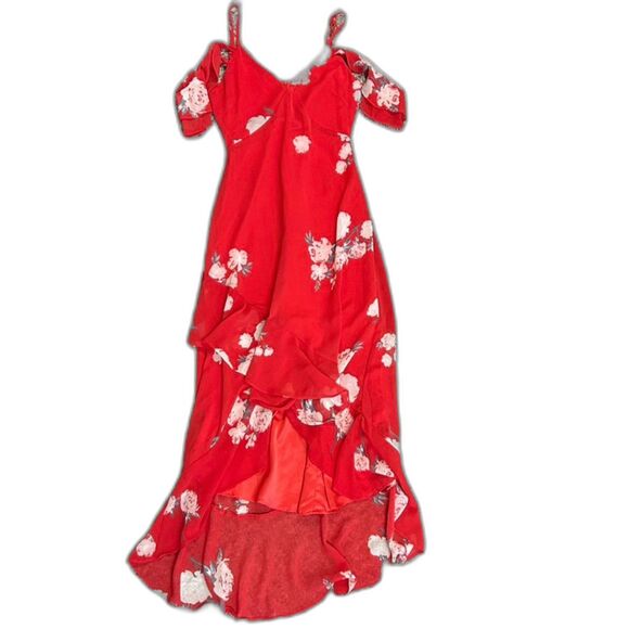 Lulus Love in Bloom Red Floral Print Chiffon Off-The-Shoulder Hi-Low Dress Sz XS - Picture 3 of 16